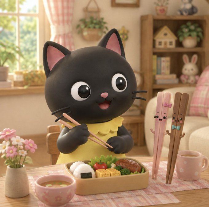 A 3D rendered black cartoon cat character in a yellow dress eating a bento box with chopsticks, accompanied by two anthropomorphic chopsticks characters.