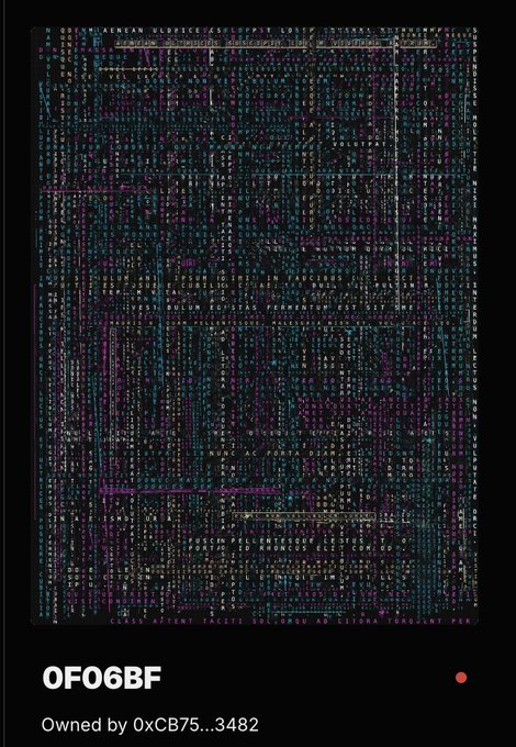 A dark pixel-art style NFT digital artwork displayed on a black background, labeled 'OF06BF' and 'Owned by 0xCB75...3482'.