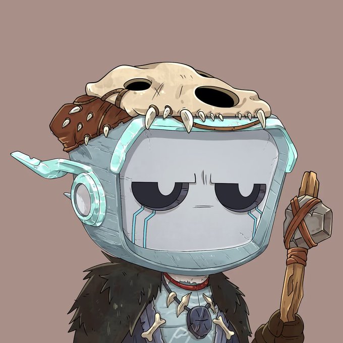 A cartoon-style character with a television for a head, wearing a bone helmet and fur cloak, looking unimpressed with half-closed eyes and a tear rolling down its screen face.
