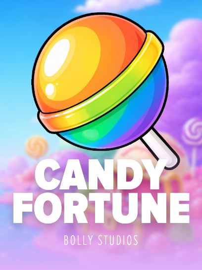 A vibrant rainbow-colored lollipop logo for "Candy Fortune" by Bolly Studios is displayed against a candy-themed background of sweets and pastel clouds, promoting the game's official launch on Stake.
