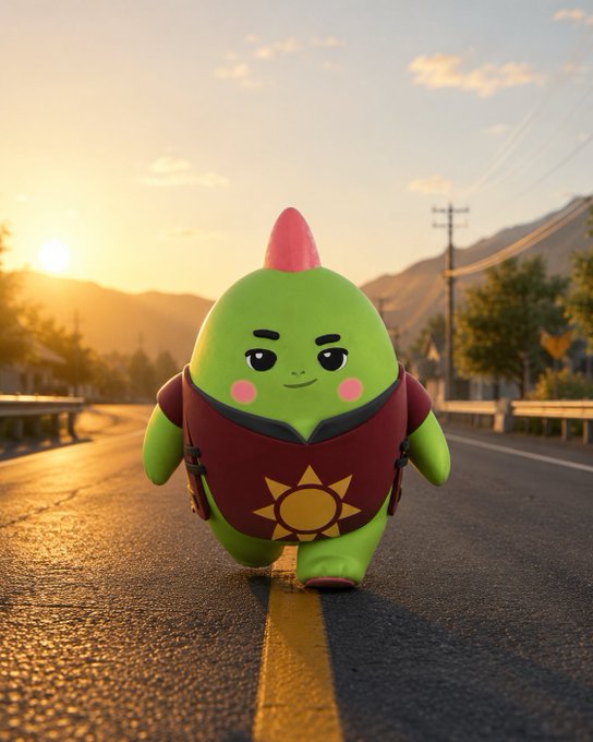 A 3D rendered green character with a pink mohawk and a red tunic walks down the center of an empty asphalt road at sunset, with mountains and power lines in the background.