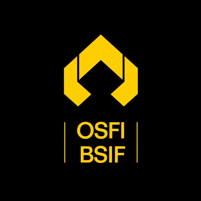 The image displays the official logo of OSFI (Office of the Superintendent of Financial Institutions) and its French equivalent BSIF (Bureau du surintendant des institutions financières), featuring a stylized yellow geometric emblem on a black background. This logo represents Canada's federal banking regulator referenced in the accompanying post, which confirms that tokenized deposits hold the same legal standing as traditional bank deposits, giving federally regulated institutions regulatory approval to develop blockchain-based banking services.