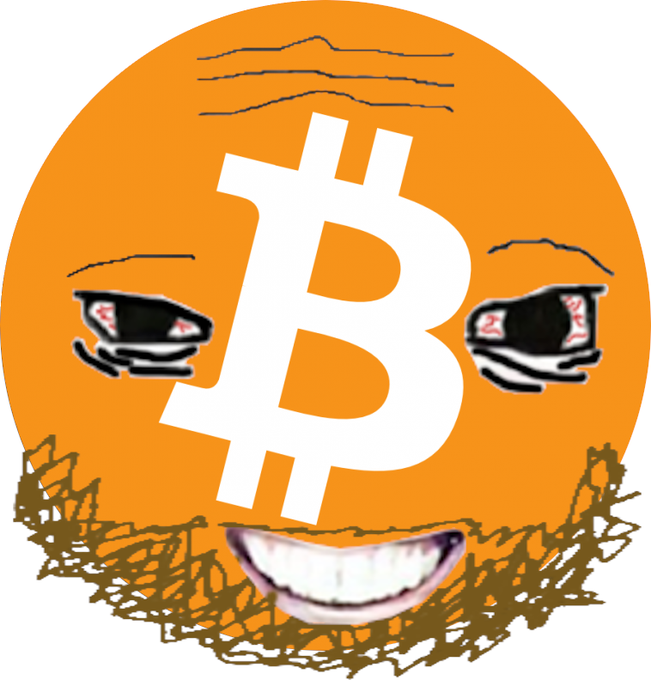 The image features a cartoon face with two eyes, a nose, and a mouth, all drawn in black marker. The face has a beard and is wearing glasses. The background of the image is white, which contrasts with the orange circle that contains the Bitcoin symbol. The caption below the image reads "whats up guys the only store of value here".