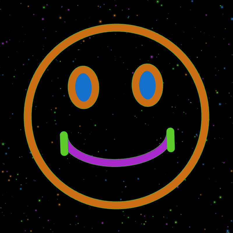 The image features a vibrant and lively smiley face composed of neon colors against a black background with small white dots dispersed throughout, giving the impression that they are scattered stars or celestial bodies within an outer space galaxy-like setting. The content of the image is related to Bitcoin, as it talks about the art reacting dynamically in response to six signals and explains how the currency moves through transactions, fees, block timing, fee spread, halving epochs, and time, just like a galaxy moving through its celestial journey.