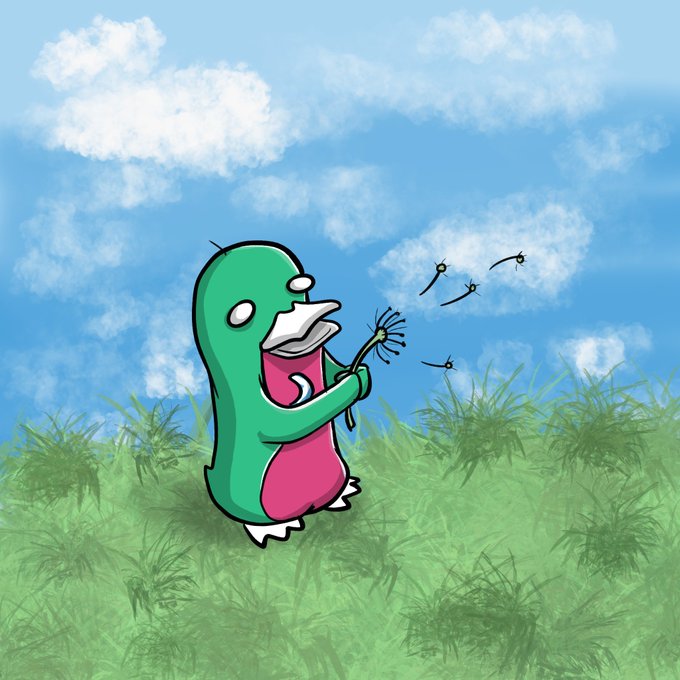 A cartoon illustration shows a green dinosaur-like creature blowing a dandelion, sending seeds floating into the air against a backdrop of blue sky and green grass.