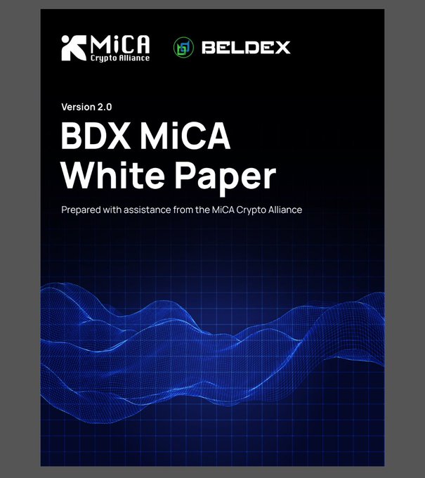 The cover page of the 'BDX MiCA White Paper' Version 2.0, prepared with assistance from the MiCA Crypto Alliance, featuring a dark design with blue wave graphics and logos for MiCA Crypto Alliance and BELDEX at the top.