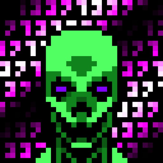 A pixel art portrait of a green-skinned zombie-like figure with purple eyes set against a black background with purple and white pixelated patterns.