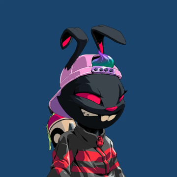 An animated character with black bunny ears, a pink and purple helmet with a green gem, red glowing eyes, and a sharp-toothed grin against a blue background.