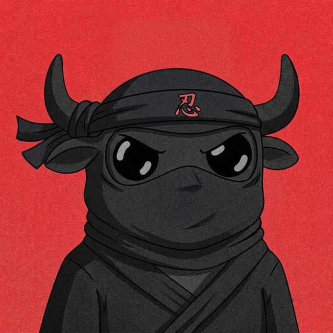 A stylized digital illustration of a black bull dressed as a ninja, wearing a headband with a red kanji symbol and a face mask, against a textured red background.