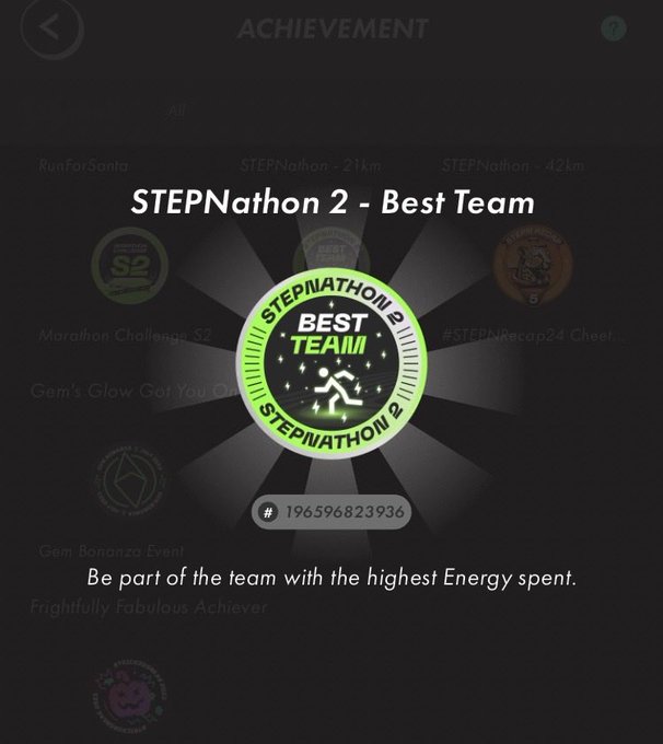Achievement badge for STEPNathon 2 - Best Team, with description 'Be part of the team with the highest Energy spent' and ID #196596823936.