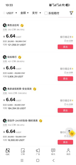 A mobile app screenshot in Chinese showing USDT exchange listings with prices around 6.64 USDT and various seller names including '黄色法拉利' and '描绘前行'.