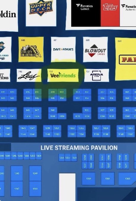 A VeeFriends-branded booth (#921) is prominently highlighted with a green highlight on a trade show floor map for the National Sports Collectors Convention, surrounded by other exhibitors like Upper Deck, Fanatics Collect, Topps, Steel City Collectibles, Dave & Adam's, Blowout Cards, Leaf, Arena Club, and Goldin. The map also features a "LIVE STREAMING PAVILION" and rows of numbered booths, aligning with the post's invitation for whale collectors to visit the VeeFriends booth and meet the team.