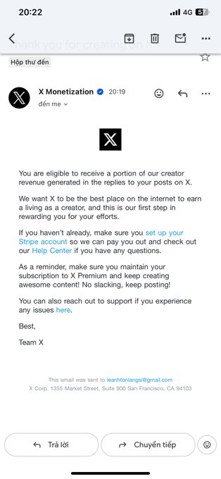 A screenshot of an email on a smartphone from 'X Monetization' notifying the user @leanhtienlangsi@gmail.com that they are eligible to receive a portion of creator revenue on X.