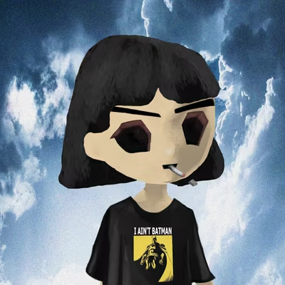 A cartoon avatar of a girl with black hair and dark sunglasses stands against a dramatic cloudy sky background, wearing a black "I AIN'T BATMAN" t-shirt. The defiant Batman-themed shirt complements the bullish "GM" (Good Morning) crypto post by playfully rejecting the superhero savior narrative often associated with bull runs.