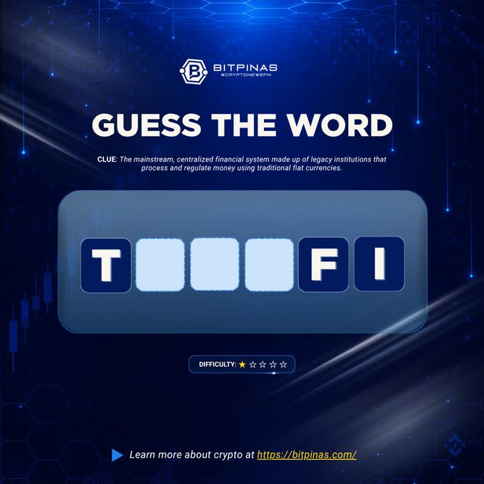 A Bitpinas 'Guess the Word' crypto quiz with a clue about centralized financial systems using fiat currencies, revealing the letters 'T _ _ _ F I'.
