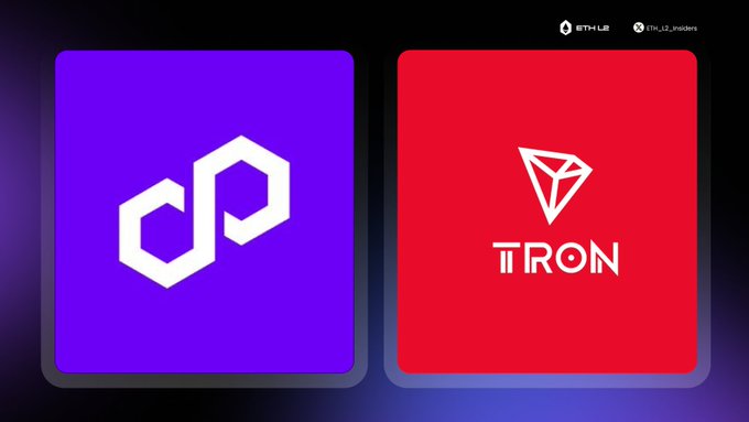 A graphic showing two crypto cards side by side: a purple card with the Polygon (MATIC) hexagonal logo and a red card with the TRON diamond logo, credited to @ETH_LB and @in_cz_insiders.