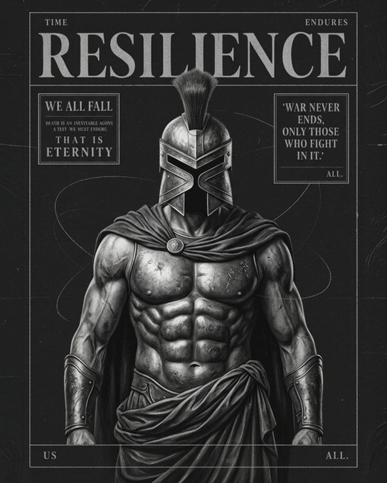 The image features a black and white illustration of a muscular man wearing a helmet with a feather on top, standing against a dark background. The man appears to be a historical figure or warrior from ancient times, possibly a Roman soldier. The caption below the illustration reads "Time falls ends only for those who fight in it All." This message seems to be related to the post about XRP currency and its value over time.