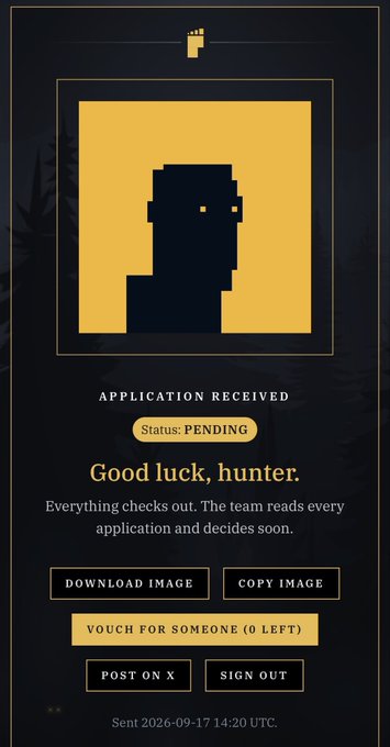 A digital application confirmation screen with a pixel art avatar, showing 'APPLICATION RECEIVED', 'Status: PENDING', and the message 'Good luck, hunter.' with various buttons like 'DOWNLOAD IMAGE' and 'POST ON X'.