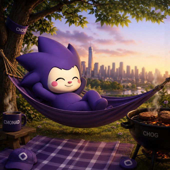A digital artwork of a purple chibi character relaxing in a hammock labeled 'CHOG' with a city skyline in the background, accompanied by a 'CMONAD' coffee mug and a 'CHOG' branded grill.