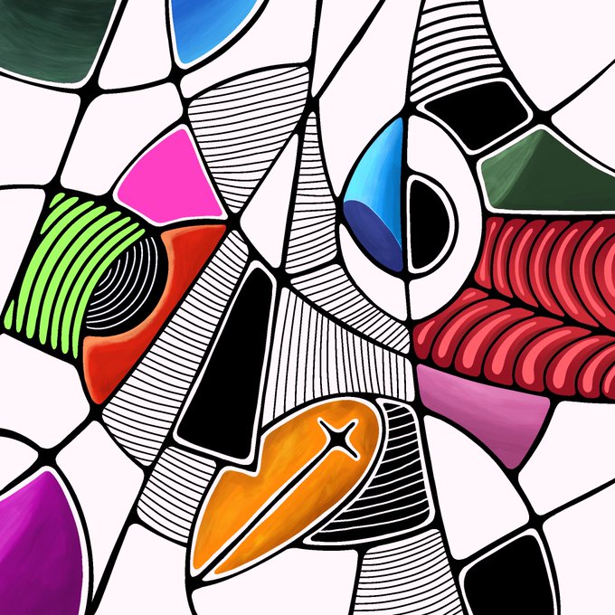 A colorful abstract drawing in a stained-glass or cubist style with bold black outlines, featuring vibrant shapes in pink, green, red, blue, and orange, with distinctive striped patterns and an eye-like form.