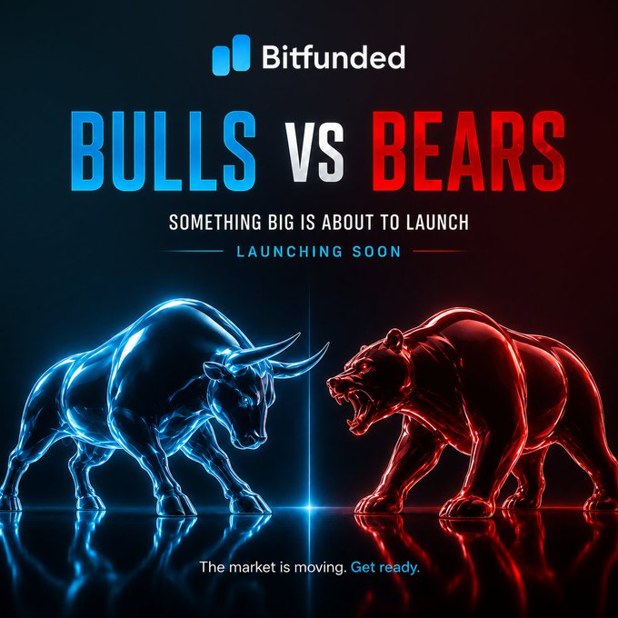 A neon blue bull faces a red bear beneath the “Bitfunded” logo, promoting “BULLS VS BEARS” and the message “SOMETHING BIG IS ABOUT TO LAUNCH” with “LAUNCHING SOON.” The image echoes the post’s teaser that a major Bitfunded launch is coming tomorrow, asking traders which side of the market they’re on.