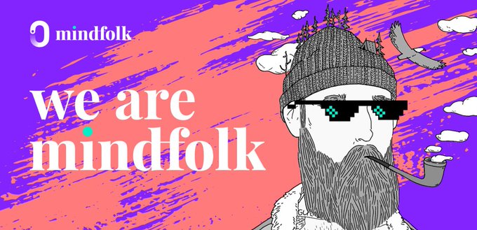 A graphic with the Mindfolk logo featuring a pixelated illustration of a bearded man wearing pixelated sunglasses and a beanie, smoking a pipe, with the text 'we are mindfolk' on a purple and pink background.