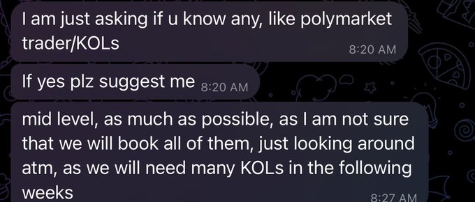A text message conversation asking for suggestions on 'polymarket trader/KOLs', specifically looking for mid-level influencers to book in the coming weeks.