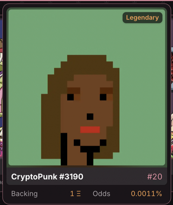 A digital trading card for CryptoPunk #3190 featuring a pixelated female face with brown hair on a green background, labeled 'Legendary' with odds of 0.0011%.