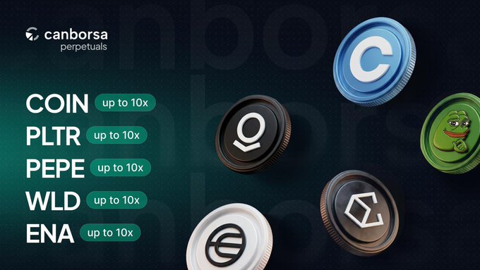 A promotional graphic for canborsa perpetuals displaying tokens for COIN, PLTR, PEPE, WLD, and ENA, all offering 'up to 10x' leverage against a dark green background.