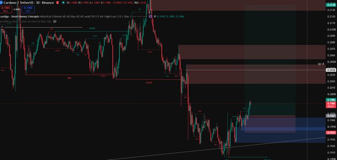 A Binance 30-day candlestick chart for Cardano/TetherUS (ADA/USDT) showing price action with support/resistance zones marked in red and blue.