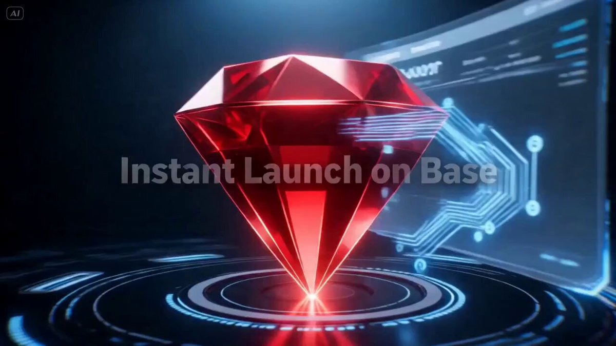 The image features a red diamond-shaped object placed on a black background with blue lines. The diamond has a bright red center, which stands out against the dark background. Below the diamond, there's text that reads "Instant Launch on Base" and "SGF Launchpad is designed for two tracks: Verified and Instant". This suggests that the image is related to an early release of SGF Launchpad, where creators can launch their projects through the SGF flow on Base. The focus on the diamond and its bright red center indicates that it's a key element in this beta-releasing process.