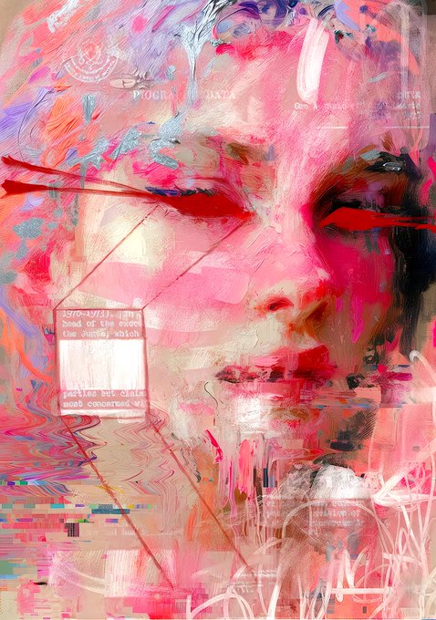 An abstract, glitch-art style portrait composed of pink, red, and white brushstrokes features partially legible embedded text including the date '1970/03/11' and the phrase 'head of the family.'