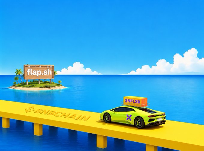 A digital illustration of a green sports car carrying a 'SNFLXB' delivery box on a yellow 'BNBCHAIN' bridge leading to an island with a 'flap.sh' sign.