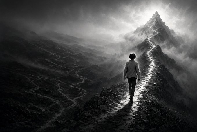 A black-and-white image of a solitary figure walking along a narrow, misty mountain ridge path toward a distant peak.