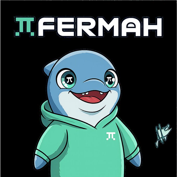A cartoon blue shark mascot wearing a teal hoodie with a small "π" logo on the chest, standing below the bold "π.FERMAH" wordmark. The "π" symbol appears in the shark's eyes as well, reinforcing the Fermah branding shown in the post.