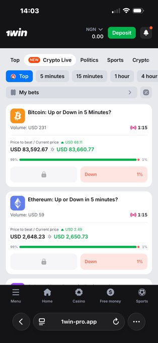 A screenshot of the 1win betting app showing prediction markets for cryptocurrency price movements, including 'Bitcoin: Up or Down in 5 Minutes?' at $83,592.67 (current: $83,660.77) and 'Ethereum: Up or Down in 5 Minutes?' at $2,648.23 (current: $2,650.73), with Up and Down betting options.