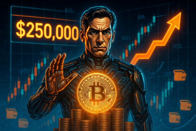 The image shows a man in a futuristic suit standing beside a glowing Bitcoin symbol and stacks of coins, with "$250,000" displayed prominently alongside candlestick charts and an upward-pointing arrow—visually reinforcing Tim Draper's bold price prediction for Bitcoin. The artwork symbolizes Draper's unwavering confidence in BTC and his recent denial of selling despite on-chain rumors.