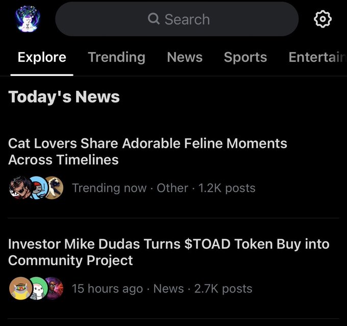 Today's News feed showing headlines including 'Cat Lovers Share Adorable Feline Moments Across Timelines' and 'Investor Mike Dudas Turns $TOAD Token Buy into Community Project'.