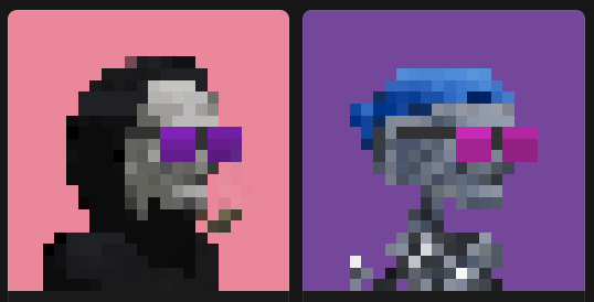 Two pixel art character portraits with sunglasses; the left has a dark hooded figure with purple lenses on a pink background, the right shows a gray alien-like creature with a blue cap and pink sunglasses on a purple background.