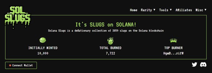 A screenshot of the 'SOL SLUGS' website showing 'It's SLUGS on SOLANA!' with stats: 10,000 initially minted, 7,722 total burned, and a top burner address 'HgmB...rIfW' on a dark green themed page.
