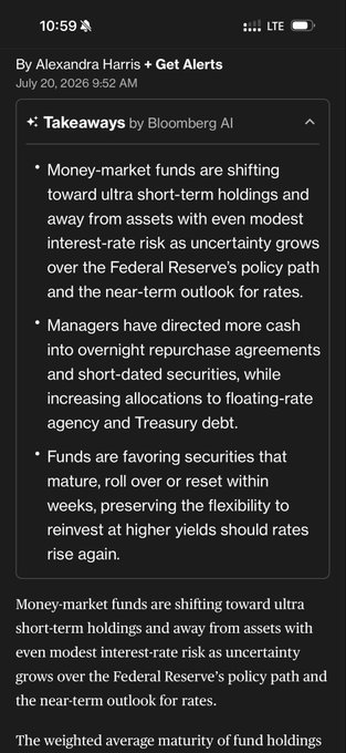 Bloomberg AI takeaways from an article by Alexandra Harris (dated July 20, 2026) summarizing how money-market funds are moving into ultra short-term holdings, overnight repos, and floating-rate agency/Treasury debt amid uncertainty over the Federal Reserve's policy path.