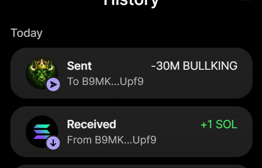 A dark-mode cryptocurrency transaction history screen shows a "Sent" entry of -30M BULLKING to wallet address B9MK…Upf9, paired with a "Received" entry of +1 SOL from the same address, visually confirming the successful purchase of 30 million $BULLKING tokens for 1 SOL as described in the post.