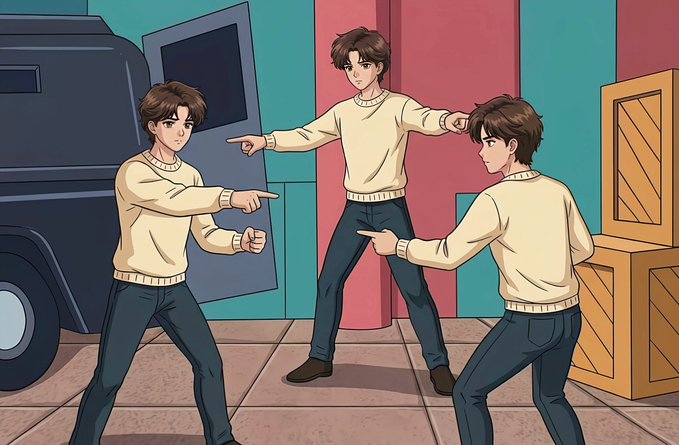 Three identical cartoon figures in cream sweaters and dark jeans point fingers at each other in a circular blame game, illustrating the repetitive cycle of deflecting responsibility described in the post about crypto trading habits.

No text, numbers, tickers, or names are visible in the image.