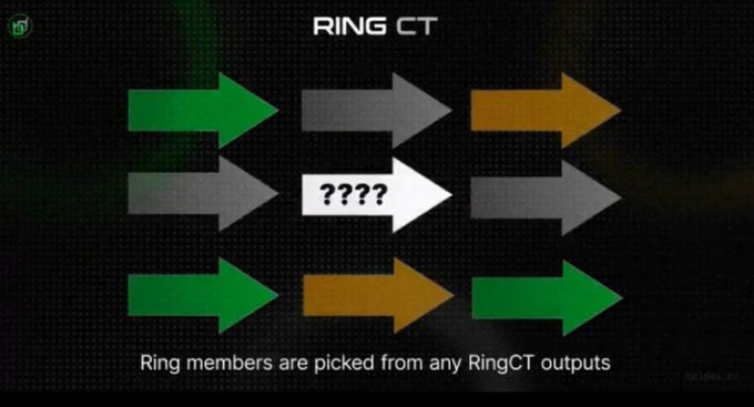 The image, titled "RING CT," illustrates how Beldex's RingCT technology obscures transaction amounts by showing arrows of mixed colors (green, orange, and gray) pointing in various directions, with one central arrow labeled "???," representing the hidden transaction amount that network validators can verify without exposing to others.