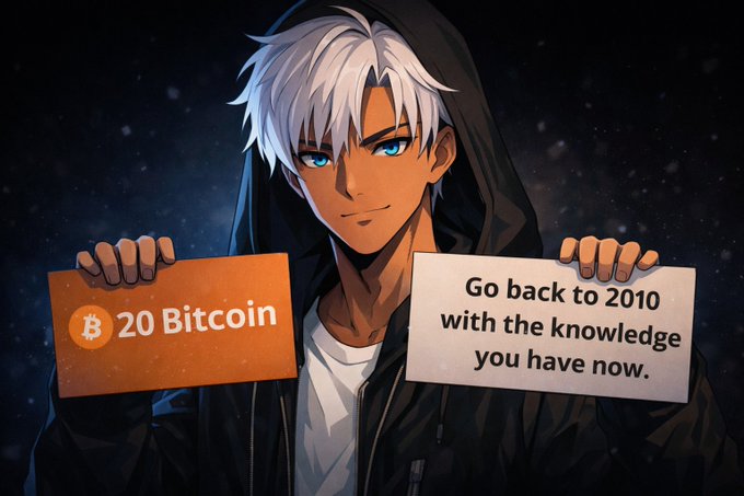 An anime-style illustration depicts a white-haired character holding two signs: an orange one reading '20 Bitcoin' and a white one saying 'Go back to 2010 with the knowledge you have now.'