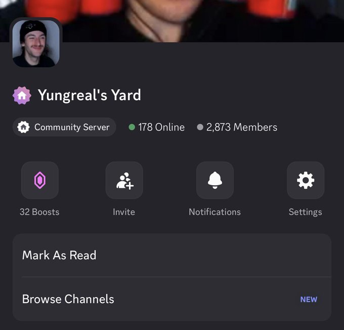 A screenshot of the Discord server "Yungreal's Yard," showing it is a Community Server with 178 members online and 2,873 total members. The image appears to be used as proof that the user joined the server, likely to fulfill the giveaway entry requirements.