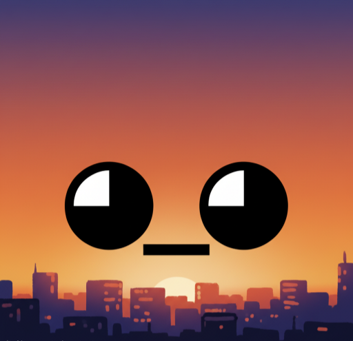 A digital illustration of a robot-like character with large round eyes set against a stylized sunset cityscape silhouette.