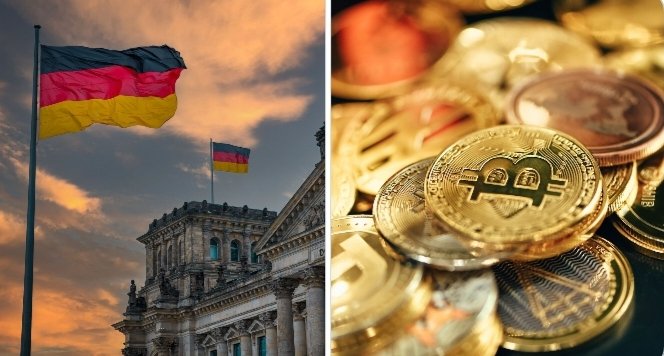 A composite image shows two German flags flying over the Reichstag building at sunset on the left, and a pile of gold Bitcoin coins on the right.