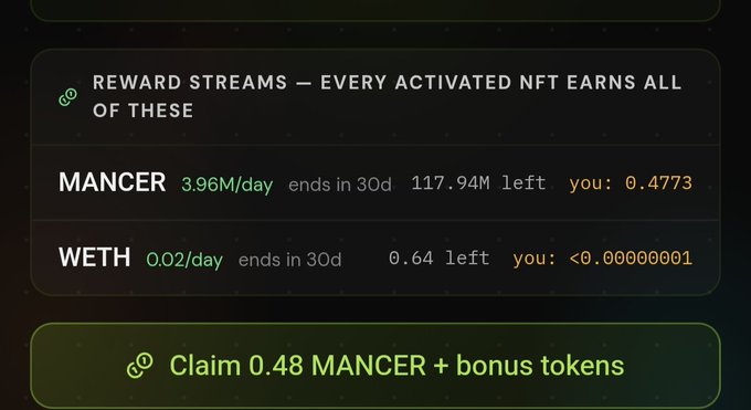 A cryptocurrency reward stream interface showing earnings of MANCER (3.96M/day) and WETH (0.02/day) ending in 30 days, with a button to 'Claim 0.48 MANCER + bonus tokens.'