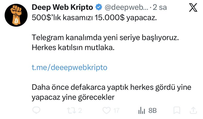 A Turkish tweet from Deep Web Kripto (@deepwebkripto) posted 2 hours ago, announcing that a $500 liquidity pool will yield $15,000, with a Telegram channel link t.me/deeepwebkripto.